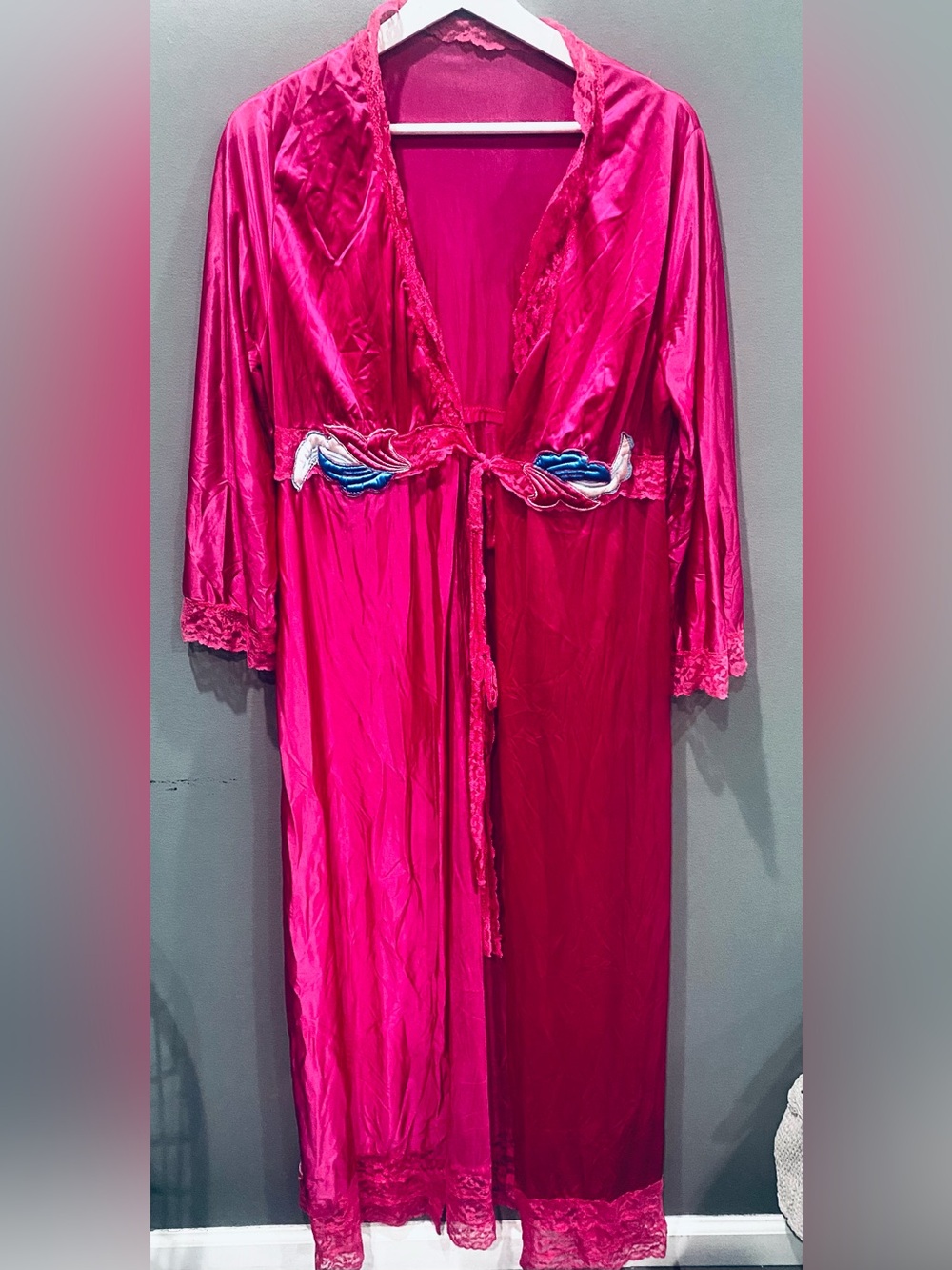 Women’s 80’s Vintage Pink Lace Maxi Robe Embroidered size L